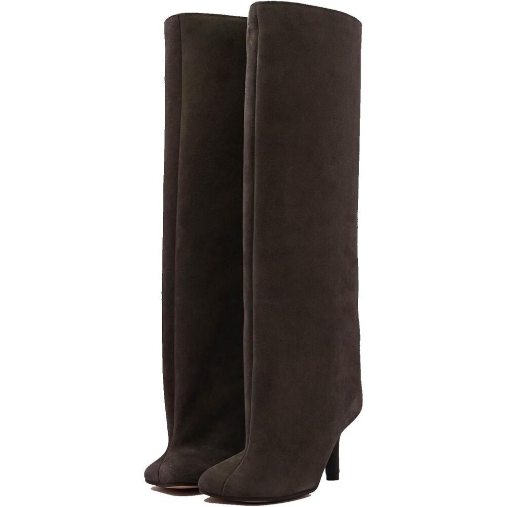 Women's Brown Wide Calf Square Toe Stiletto Heels Knee High Suede Boots